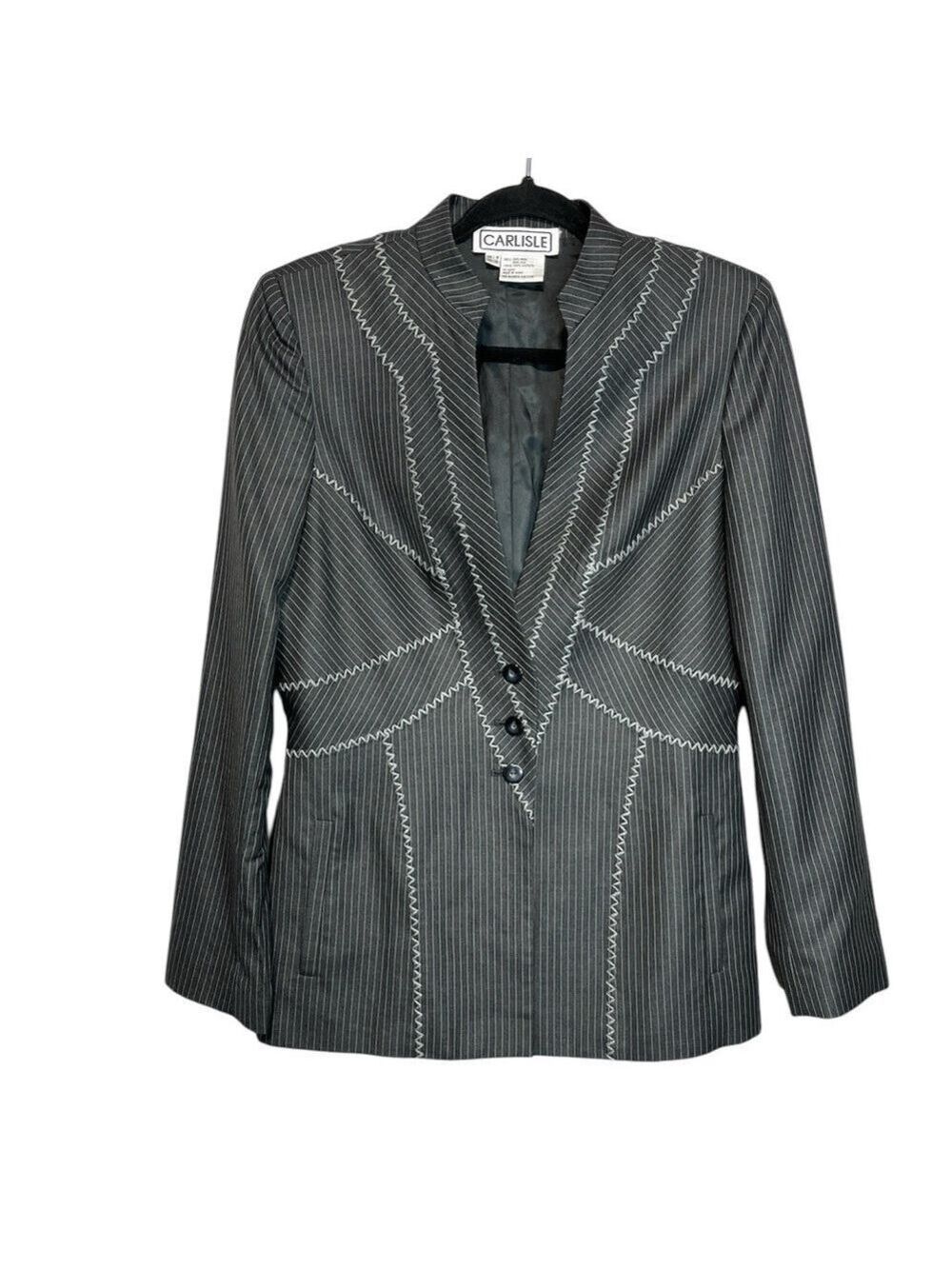 Carlisle Pinstripe Wool Silk Long Zig Zag Stitch Blazer, size 8